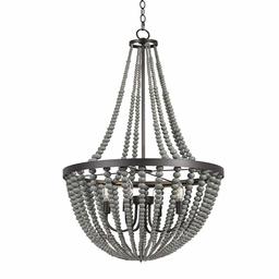 Amazon Brand – Stone & Beam Modern Farmhouse Wood Bead Chandelier Ceiling Fixture With 4 LED Light Bulbs - 24 x 24 x 45.5 Inches, Grey