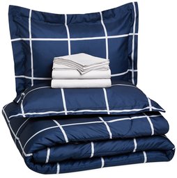 AmazonBasics 5-Piece Bed-In-A-Bag - Twin/Twin Extra-Long, Navy Simple Plaid, 4-Pack