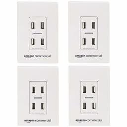 Amazoncommercial In Wall USB Charger, 4 USB Charger (Total 4.8A), with Snap-on Wallplate, 4-Pack