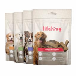 Marque Amazon - Lifelong - Friandises pour chiens, riches in protéines - sélection mixte : agneau, canard, dinde et bœuf (4 pack x 300gr)