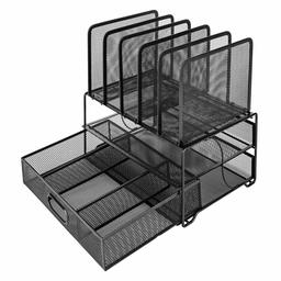 AmazonBasics Mesh Desk Organizer with Sliding Drawer, Double Tray and 5 Upright Sections, Black