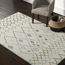 Amazon Brand – Rivet Geometric Boho Bohemian Wool Area Rug, 5 x 8 Foot, Cream with Blue