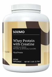 Amazon Brand - Solimo Whey Protein Powder with Creatine, Cookies & Cream, 5 Pound Value Size (44 Servings)