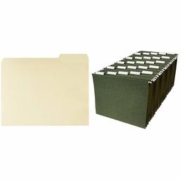 AmazonBasics 1/3-Cut, Right Position File Folders, Letter Size, Manila - Pack of 100 & Hanging File Folders, Letter Size, Green - Pack of 25