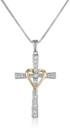 Sterling Silver and 14k Yellow Gold Diamond Cross My Heart Pendant Necklace, 18