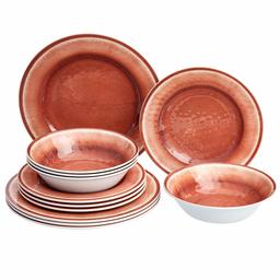 AmazonBasics 12-Piece Melamine Dinnerware Set - Service for 4, Red Crackle Glaze