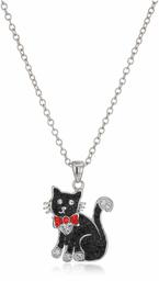 Amazon Collection Silver-Plated Crystal Black Cat Body Pendant Necklace, 18