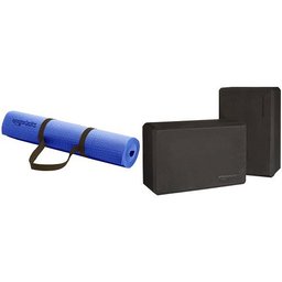 AmazonBasics 1/4-Inch Yoga Mat with Carrying Strap (Blue) and Yoga Blocks (Set of 2) Bundle