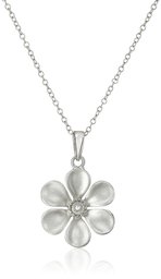 Rhodium Plated Sterling Silver Flat Flower Pendant Necklace, 18