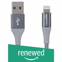 (Renewed) AmazonBasics Double Braided Nylon USB A to Lightning Compatible Cable - Apple MFi Certified - Dark Grey (6 Feet/1.8 Meters)