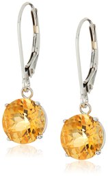 10k White Gold Round Checkerboard Cut Citrine Leverback Earrings (8mm)