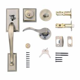 AmazonBasics Modern Exterior Door Handle with Right-Hand Wave Door Lever and Deadbolt Lock Set, Antique Brass