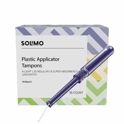 Amazon Brand - Solimo Plastic Applicator Tampons, Light Absorbency Multipack, Light/Regular/Super Absorbency, Unscented, 36 Count