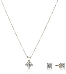 10k Yellow Gold Square White Swarovski Zirconia Pendant Necklace and Earrings Jewelry Set, 18