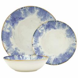 Rivet 18-Piece Stoneware Plates and Bowls Dinnerware Set, Service for 6, Indigo Burst Glaze