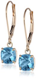 10k Yellow Gold Cushion-Cut Checkerboard Blue Topaz leverback Earrings (6mm)