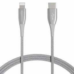 AmazonBasics Premium Double Braided Nylon USB-C to Lightning Cable, MFi Certified iPhone Charger - Silver, 1-Foot