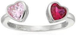 Platinum-Plated Sterling Silver Swarovski Zirconia Pink and Ruby Color Open Heart Rings, Size 6