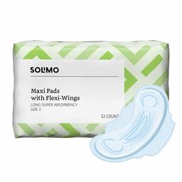 Amazon Brand - Solimo Maxi Pads with Flexi-Wings for Periods, Long Length, Super Absorbency, Unscented, Size 2, 32 count