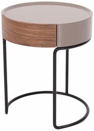 Rivet Round side table with drawer and black metal frame, walnut and stone matt lacquer.