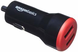 AmazonBasics Dual-Port USB Car Charger for Apple & Android Devices - 4.8 Amp/24W, Black/Red (Renewed)