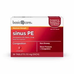 Amazon Basic Care Maximum Strength Nasal Decongestant PE, Phenylephrine HCl, 10 mg tablets. Nasal and Sinus Congestion, Sinus Pressure, 36 Count