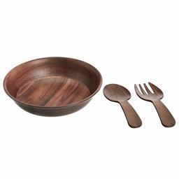 AmazonBasics Large 13.8-Inch Melamine Salad Serving Bowl and Utensils - Acacia Wood Matte Texture