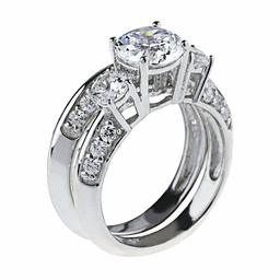 [Amazon Collection] Amazon Collection Rhodium Plated Sterling Silver Clear Cubic Zirconia Bridal Set Ring, Size 9