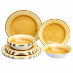 AmazonBasics 12-Piece Melamine Dinnerware Set - Service for 4, Yellow Crackle Glaze