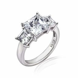 [Amazon Collection] Amazon Collection Platinum Plated Sterling Silver Clear Princess Cut Cubic Zirconia 3 Stone Ring, Size 9