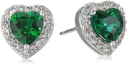 Amazon Collection Sterling Silver Birthstone Halo Heart Stud Earrings, Emerald