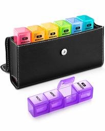 Eono by Amazon - 7 Day Pill Box with 4 Compartments with Faux Leather Pocket - Medicine Box Pill Box Morning Noon Evening Night Travel