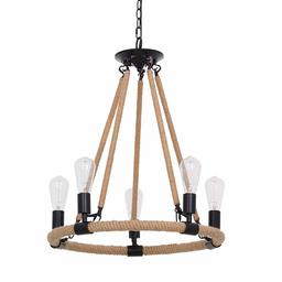 Amazon Brand – Stone & Beam Modern Rustic Farmhouse Rope Wagon Wheel Ceiling Pendant Chandelier Fixture With 5 Dimmable Vintage Light Bulbs - 22 x 22x 27.5 Inches