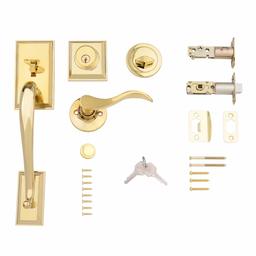 AmazonBasics Modern Exterior Door Handle with Left-Hand Wave Door Lever and Deadbolt Lock Set, Polished Brass