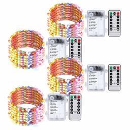 Umi. by Amazon - Guirlandes féeriques à 50 LED multicolores, 5 m, fonctionnent avec batterie et télécommande de réglage de la minuterie, intérieur ou extérieur, lot de 4