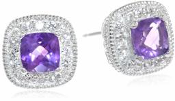 Amazon CollectionSterling Silver Genuine African Amethyst and Created White Sapphire Cushion Stud Earrings