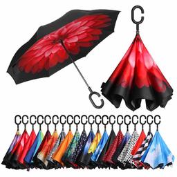 Eono by Amazon - Parapluie Inversé, Anti-UV Double Couche Coupe-Vent Parapluie, Parapluie Résistant au Vent, Parapluie Pliant pour Voitures, Mains Libres Poignée en Forme C Parapluie, Rose