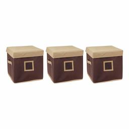 Amazon Brand - Solimo Fabric Storage Box with Lid, Medium, Set of 3, Beige and Brown