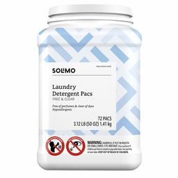 Amazon Brand - Solimo Laundry Detergent Pacs, Free & Clear, Hypoallergenic, Free of Perfumes Clear of Dyes, 72 Count