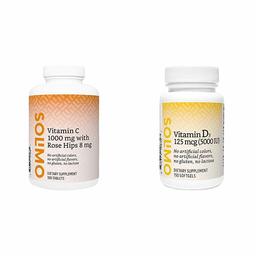 Amazon Brand - Solimo Vitamin C 1000 mg with Rose Hips 8 mg, 300 Tablets, Ten Month Supply & Solimo Vitamin D3 125 mcg (5000 IU), 150 Softgels, Five Month Supply (Packaging May Vary)