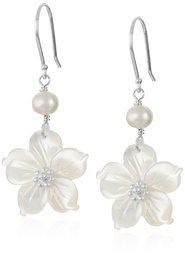 White Mother-of-Pearl Flowers with White Freshwater Cultured Pearl Accents Drop Earrings