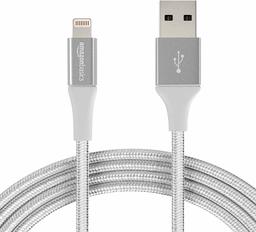 AmazonBasics Double Braided Nylon Lightning to USB Cable, Advanced Collection, MFi Certified Apple iPhone Charger, Silver, 10 Feet