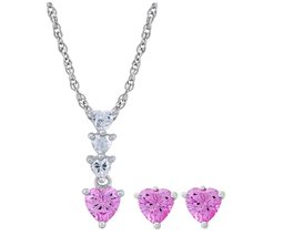 [An AJC Collection] an AJC Collection Necklace Platinum Coated Pink Heart CZ Pendant & Earrings Set