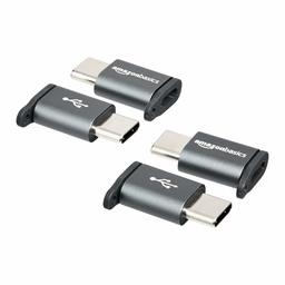 AmazonBasics Aluminum USB-C (Male) to Micro USB (Female) Adapter with Keychain - Grey, 4-Pack