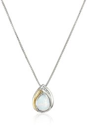 Sterling Silver and 14k Yellow Gold Created Opal Pear and Diamond Pendant Necklace, 18