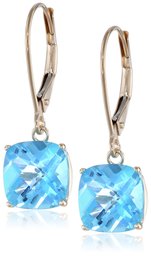 10k Yellow Gold Cushion-Cut Checkerboard Blue Topaz Leverback Earrings (8mm)
