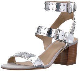 Amazon Brand - The Fix Women's Bond Studded Block Heel Dress Sandal,Matte Silver Mirror,10 B US