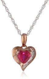 Rose Plated Sterling Silver Heart Created-Ruby Diamond Pendant Necklace (0.01 cttw, I-J Color, I2-I3 Clarity), 18