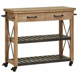 Amazon Brand – Stone & Beam Rustic Kitchen Island Butcher Block Buffet Cart with Wheels, Natural Wood Finish