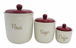 Ravenna Classic Stoneware 3-Piece Labeled Canister Set - Set of 3, White with Red Lid (Renewed)